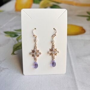 Czech Glass Cross Shape Lavender Freshwater Pearl Boho Western Casual Earrings